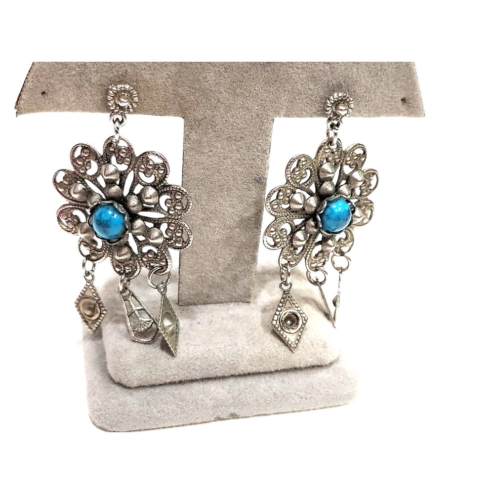 Earrings - Posts - Vintage Stamped and Cut Silver Tone Metal Boho